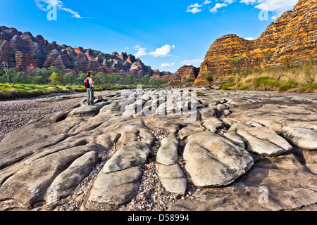 Bienenstock geformte Sandstein Kuppeln und das trockene Flussbett des Piccaninny Creek im Bungle Bungle Purnululu National Park Stockfoto