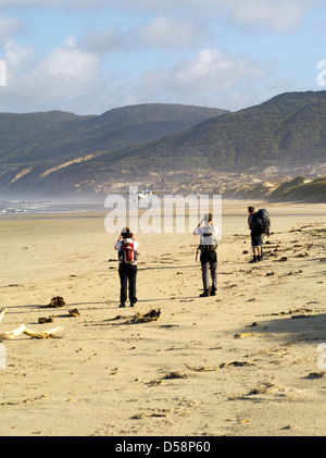 Feuerholz zu sehen, dass eine Flugzeug Flüge Stewart Island Pullover Wanderer und Feuerholz zum Strand in Mason Bay, Stewart Island liefert Stockfoto