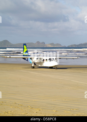 Eine Stewart Island Flüge Jumper Flugzeug liefert Wanderer und Feuerholz zum Strand in Mason Bay, Stewart Island (Rakiura) Stockfoto