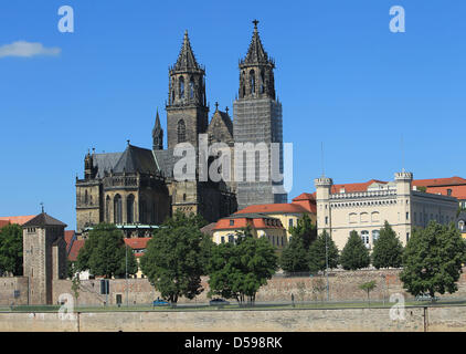 Das Bild zeigt den Dom "St. Katharina und St. Mauritius" in Magdeburg, Deutschland, 16. Juni 2010. Das Landesamt für Archäologie Sachsen-Anhalt stellte die Ergebnisse einer Untersuchung von Blei-Sarkophag der Königin Editha (910-946) in der Knochen, Zähne, Textilien und andere organischen Materialien auch geprüft wurden. Der Sarkophag wurde in Magdeburg kreisförmig entdeckt. Stockfoto