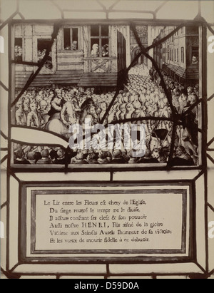 Glasfenster aus der Bibliothek von Troyes. Stockfoto