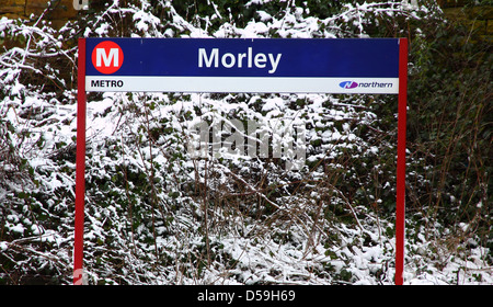 Morley Railway Station Zeichen, Leeds Stockfoto