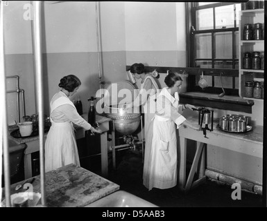 Dieses Bild zeigt eine Konservenküche der Cornell University, die Notfälle und Hilfsarbeiten in der Hauswirtschaft aus Kriegszeiten zeigt. Er hebt die praktischen Maßnahmen hervor, die in Krisensituationen ergriffen wurden, um Lebensmittel für die Bevölkerung zu erhalten. Stockfoto