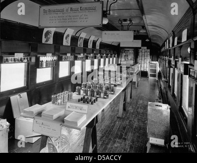 Dieses Bild aus dem Jahr 1919 zeigt den Innenraum eines Ausstellungswagens aus dem Victory Special, einem Demonstrationszug, der für die Heimwirtschaft eingesetzt wird. Es war Teil eines Bildungsprogramms, das Forschung und Erweiterung in den USA förderte Stockfoto