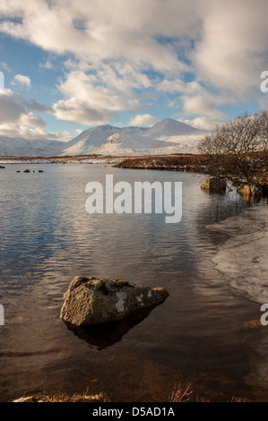 Man Na h-Achlaise mit Blick auf Clach Leathad und Meall ein "Bhuiridh auf Rannoch Moor im Winter Stockfoto