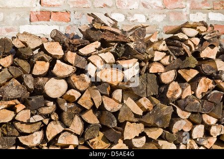 Berlin, Deutschland, gestapeltes Brennholz vor einer alten Mauer Stockfoto