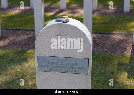 Grabstein von einem jüdischen polnischen Soldaten mit Steinen in der polnischen Soldatenfriedhof in Lommel in Belgien an der Spitze Stockfoto