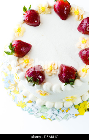 Schoko Erdbeere Zitrone Torte mit 6 Schichten von Schokolade Kuchen, Quark mit Zitrone und Erdbeer Mousse gefüllt, in White Chocolate Cream Cheese frosting abgedeckt. Stockfoto