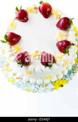 Schoko Erdbeere Zitrone Torte mit 6 Schichten von Schokolade Kuchen, Quark mit Zitrone und Erdbeer Mousse gefüllt, in White Chocolate Cream Cheese frosting abgedeckt. Stockfoto