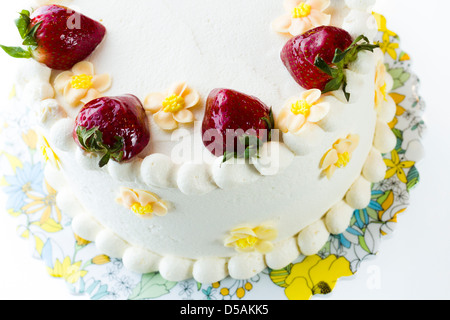 Schoko Erdbeere Zitrone Torte mit 6 Schichten von Schokolade Kuchen, Quark mit Zitrone und Erdbeer Mousse gefüllt, in White Chocolate Cream Cheese frosting abgedeckt. Stockfoto