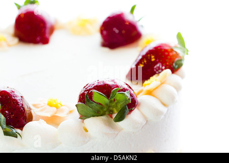 Schoko Erdbeere Zitrone Torte mit 6 Schichten von Schokolade Kuchen, Quark mit Zitrone und Erdbeer Mousse gefüllt, in White Chocolate Cream Cheese frosting abgedeckt. Stockfoto