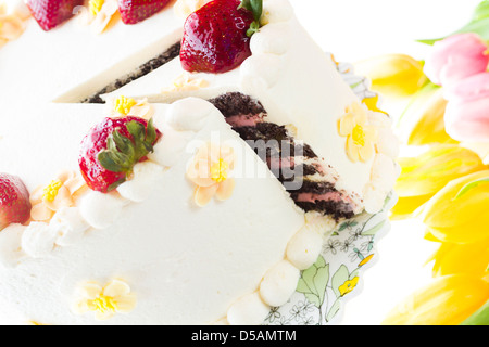 Schoko Erdbeere Zitrone Torte mit 6 Schichten von Schokolade Kuchen, Quark mit Zitrone und Erdbeer Mousse gefüllt, in White Chocolate Cream Cheese frosting abgedeckt. Stockfoto