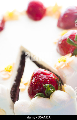 Schoko Erdbeere Zitrone Torte mit 6 Schichten von Schokolade Kuchen, Quark mit Zitrone und Erdbeer Mousse gefüllt, in White Chocolate Cream Cheese frosting abgedeckt. Stockfoto