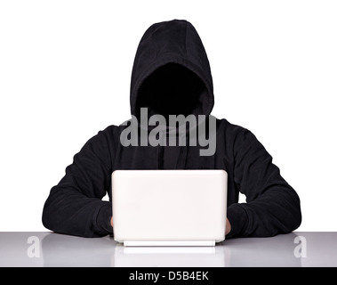 Porträt von Hacker isoliert auf weißem Hintergrund Stockfoto