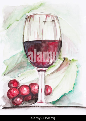 Weinglas mit Rotwein und Trauben - handgemachte Aquarellmalerei Abbildung auf einem weißen Papier Kunst Hintergrund Stockfoto