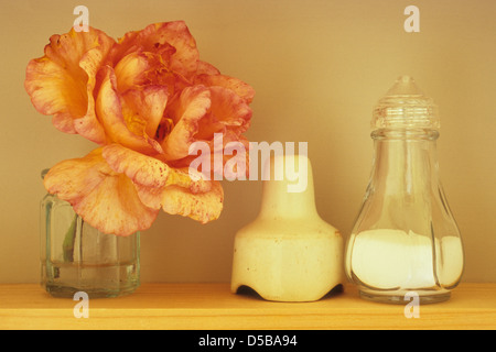 Augenhöhe Blick auf schmalen Holzregal mit blass Orange rose im Glas neben Kuchen Trichter und durchsichtigen Kunststoff-Salz-Menage Stockfoto