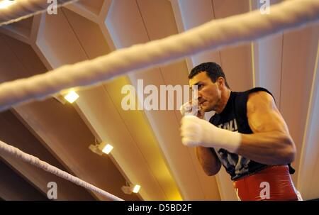Ukrainischen Weltmeister im Boxen, Wladimir Klitschko (L), trainiert in der Tennishalle des Hotel Stranglwirt in einem Trainingslager in Going, Österreich, 24. August 2010. IBF, IBO und WBO-Weltmeister Klitschko gegen den ehemaligen WBC-WM konkurrieren Weltmeister Peter am 11. September 2010. Foto: Tobias Hase Stockfoto