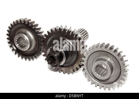 Drei Zahnräder isoliert auf weißem Hintergrund Stockfoto