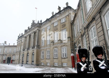 Wachen steht vor königlichen Schloss Amalienborg in Kopenhagen, Dänemark, 20. Januar 2010. Es besteht aus vier identischen Paläste mit einem zentralen Platz und eine monumentale Reiterstatue Amalienborg Gründer, König Friedrich V. Frederik VIII Palast, Wohnsitz von Kronprinz Frederik und Kronprinzessin Mary und ihre Kinder wird dargestellt. Foto: Patrick van Katwijk Stockfoto