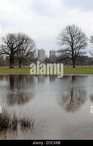 Richmond Park, England, Vereinigtes Königreich. 28. März 2013. Altem Baumbestand und die modernen Hochhäuser des Weingutes Alton spiegeln sich in den Teich, der sich gebildet hat, wo die endlose Regen Felder in der Nähe von Roehampton Gate in Richmond Park überflutet hat. Die größte der königlichen Parks, es ist eine nationale Natur-Reserve, Londons größte Site of Special Scientific Interest und einer europäischen Special Area of Conservation. Stockfoto