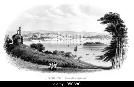 Eine 1850er Jahren Gravur von Plymouth - von Mount Edgcumbe Scannen mit hoher Auflösung aus dem ursprünglichen Booklet. Stockfoto