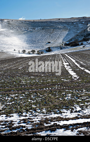 Schnee auf der Sussex Downs, mit der lange Mann von Wilmington in der Ferne UK Stockfoto