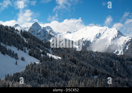 Skigebiet in den Alpen in einem Tal Montafon Stockfoto