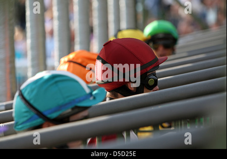 Hoppegarten, Deutschland, jockeys warten in den Startlöchern für das Rennen Stockfoto