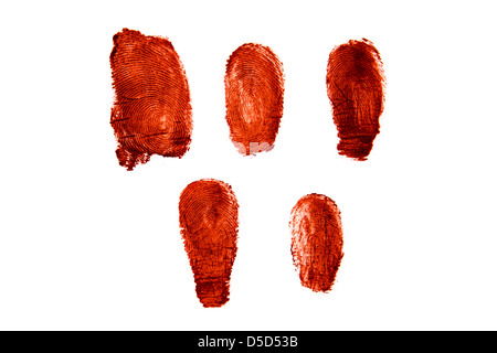 Blutige Fingerabdrücke isoliert auf weißem Hintergrund Stockfoto