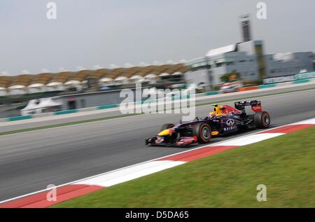 22. März 2013, Sepang, Malaysia - Mark Webber aus Australien, Infiniti Red Bull Racing Team Formel Eins Fahrer sein Auto zu steuern, während der ersten Praxis Session Formel einen malaysischen Grand Prix 2013 auf Sepang International Circuit. (Foto von Robertus Pudyanto/AFLO) Stockfoto