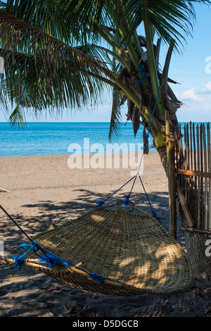 Hängematte zwischen zwei Kokospalmen am Strand auf Camiguin Island mit dem Ozean im Hintergrund gebunden Stockfoto