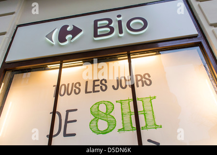 Paris, Frankreich, Detail, Schild, Außen, Französischer Bio-Supermarkt, 'Bio Carrefour', Ladenfront, Carrefour modernes Supermarktaussen Stockfoto