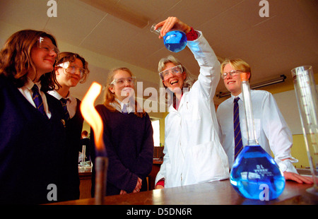 Ein Lehrer für Naturwissenschaften mit Schülerinnen und Schülern an Colyton Grammar School in Devon. Stockfoto