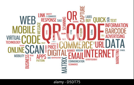 Typografische Wordcloud Vektorgrafik mit mehreren Wörtern zum Thema der Verwendung einen QR-Code-Technologie Stockfoto