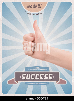 Retro oder Vintage Werbeplakat mit Hand geben einen Daumen nach oben Geste der beste Service und 100 % Erfolg verspricht Stockfoto