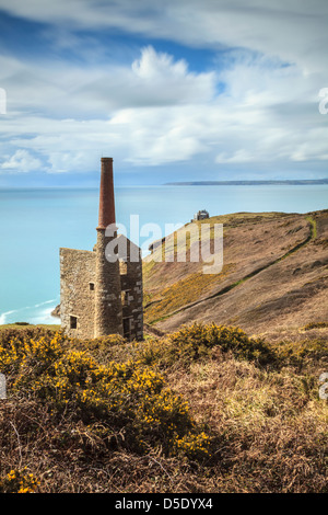 Rinsey Kopf und Maschinenhaus an der südlichen Küste von Cornwall, erfasst, mit einer langen Verschlusszeit, das Meer und die Wolken zu verwischen Stockfoto