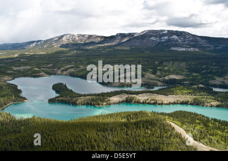 Eine Luftaufnahme des Nadelwaldes am Chadburn Lake und am Grey Mountain, am Rande der Stadt Whitehorse, Yukon Territory, Kanada. Stockfoto