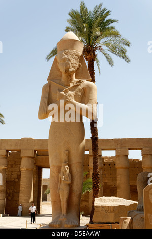 Luxor Ägypten. Palme beschattet eine Granitstatue von Ramses II., mit einer seiner Töchter zu seinen Füßen im Karnak-Tempel-Komplex. Stockfoto