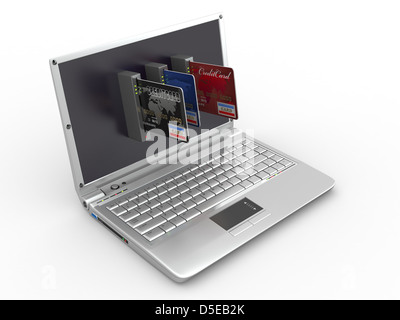 E-Commerce. Laptop und Kreditkarte auf weißem Hintergrund isoliert. 3D Stockfoto