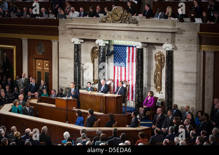 US-Präsident Barack Obama liefert die Rede zur Lage der Union zu einer gemeinsamen Sitzung des Kongresses auf dem Kapitol in Washington. Stockfoto