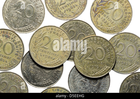 Stapel der französischen 20 Rappen Münzen, Frankreich Stockfoto