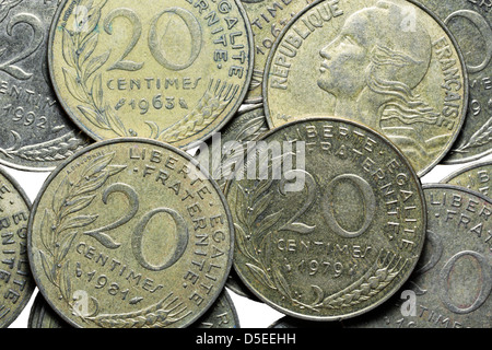 Stapel der französischen 20 Rappen Münzen, Frankreich Stockfoto