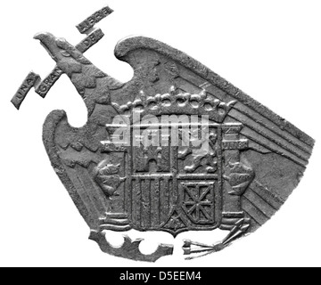 Spanische Wappen von 25 Peseten-Münze, Spanien, 1957, auf weißem Hintergrund Stockfoto