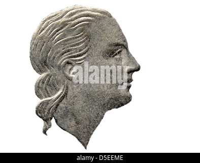 Gesicht der Frau von 200 Lire Münze, Italien, 1994, auf weißem Hintergrund Stockfoto