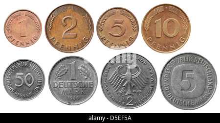 Eingestellt von westdeutschen Münzen, auf weißem Hintergrund Stockfoto