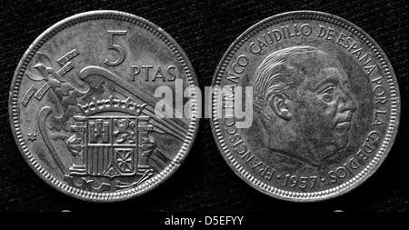 5 Pesetas Münze, Francisco Franco, Spanien, 1957 Stockfoto