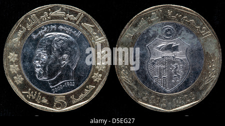 5 Dinar Münze, Habib Bourguiba, Tunesien, 2002 Stockfoto