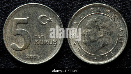 5 neue Kurus Münze, Türkei, 2005 Stockfoto