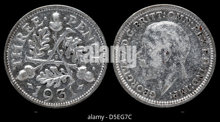 3 Pence Silbermünze, King George V, UK, 1931 Stockfoto