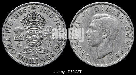 1 Florin (2 Shillings) Münze, Tudor rose, König George VI, UK, 1948 Stockfoto